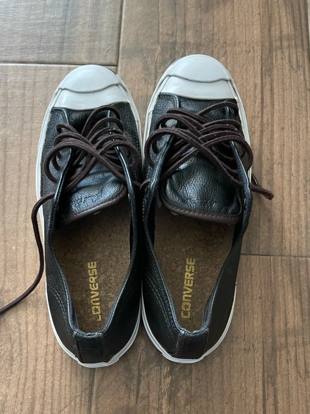 Converse Jack Purcell Black Leather Low-Top Sneakers with White Toe Caps - Picture 2 of 5